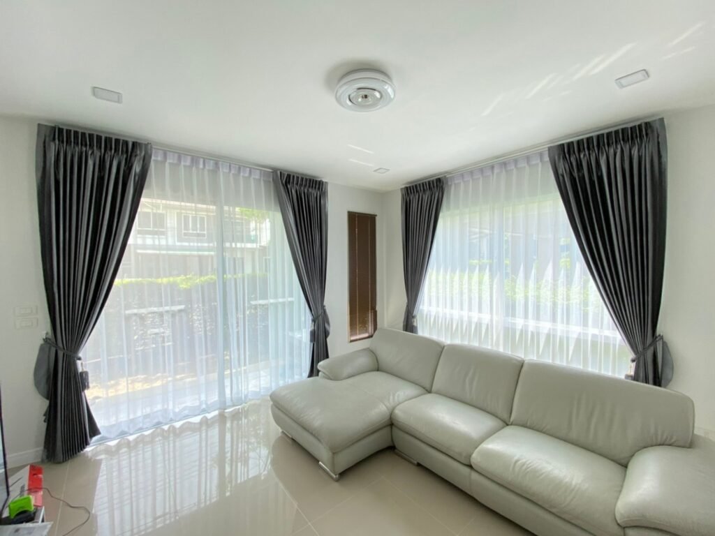 living room wooden blinds and sheer curtains and blackout curtain by window curtains shop in dubai